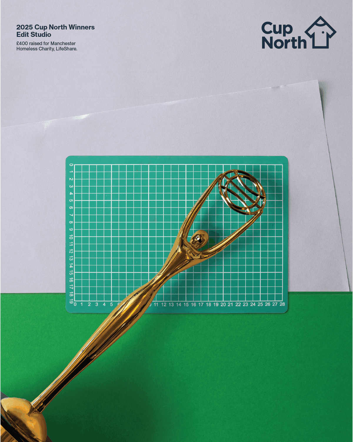 Cup North 2025 Poster. A golden trophy sits in front of a cutting mat that looks like a goalkeeper reaching for the ball. The winners poster for EDIT studio.