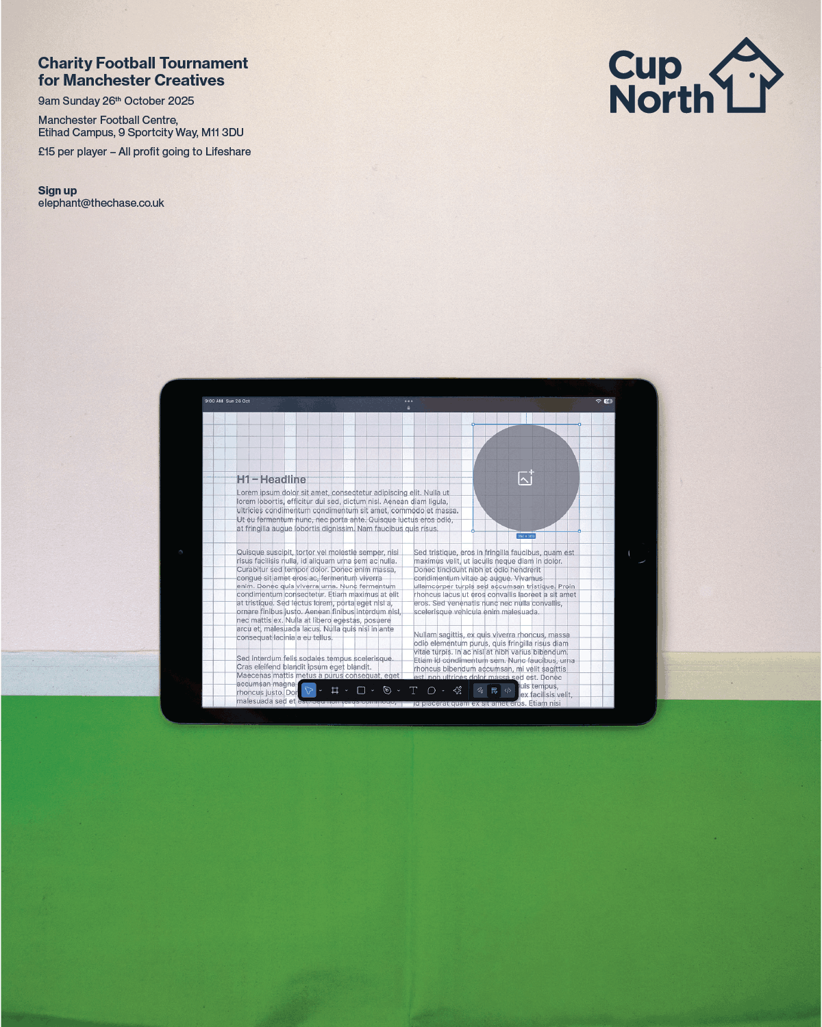 Cup North 2025 Poster.A tablet viewed from above with a circle highlighted in a design layout, creating a goal.